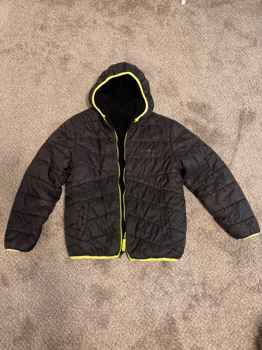 Eddie Bauer Black Puffer Reversible Jacket with Yellow Trim